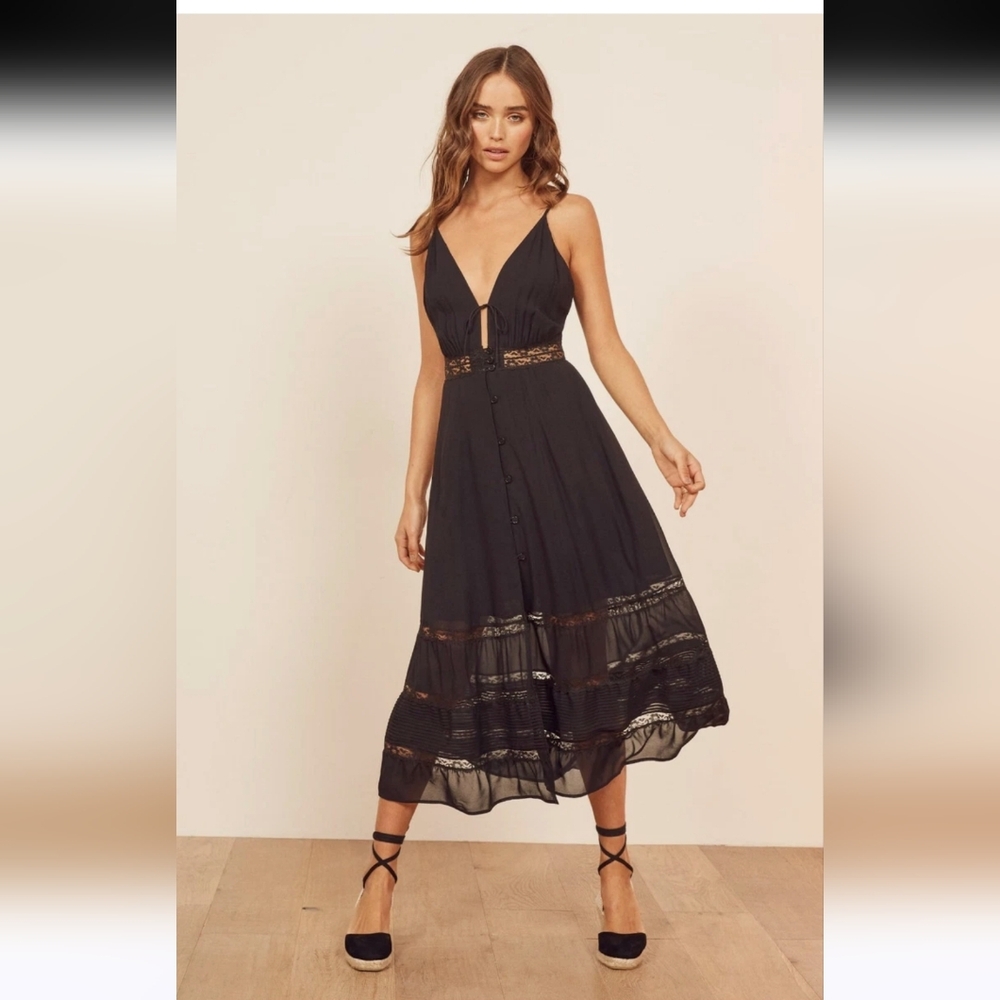 Reformation Black Midi Dress with Lace Insets